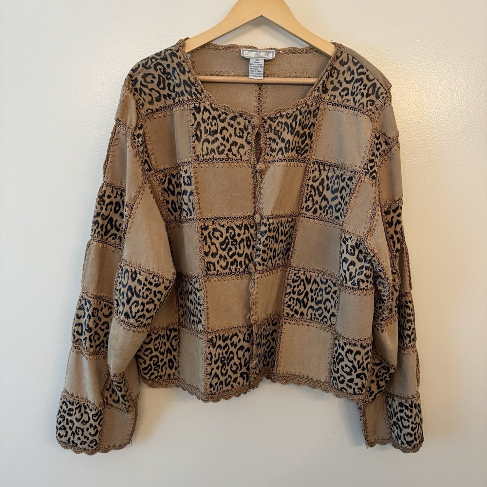 Vintage SMH Leather  Patchwork Leopard Print Jacket 2X Crochet Scalloped Hem Tan